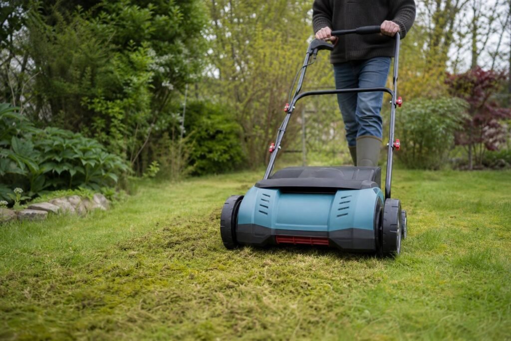 Scarificateur électrique passé sur une pelouse au printemps, mousse et feutre arrachés en surface