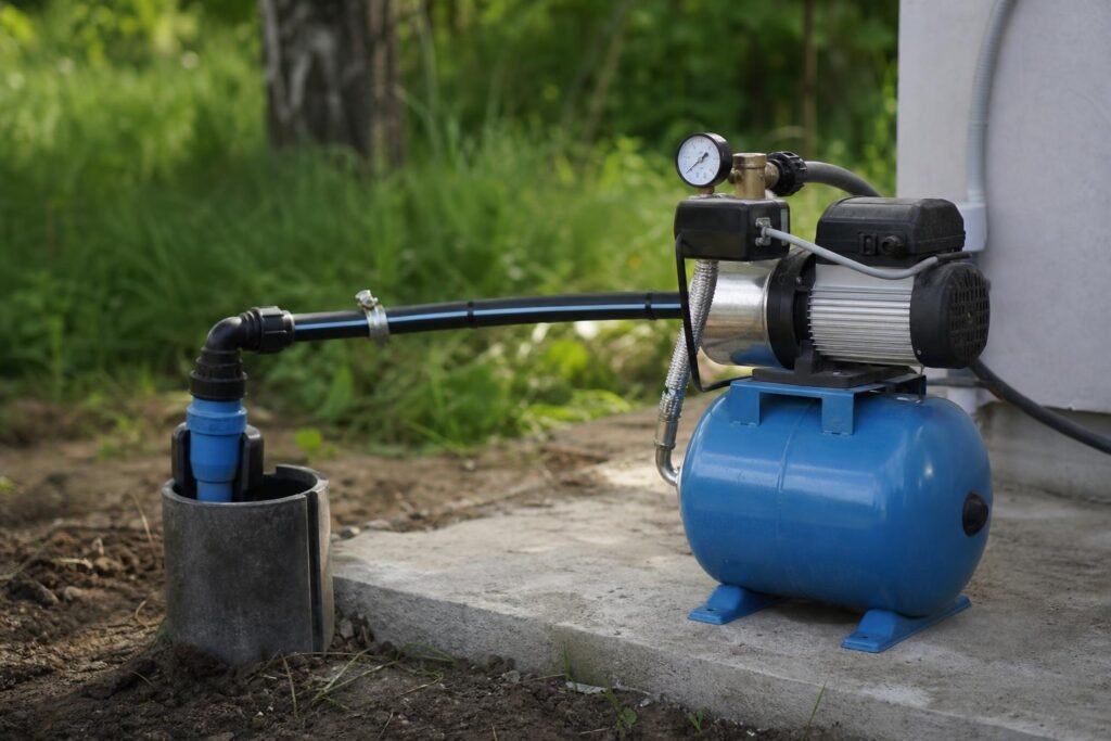 Surpresseur avec pompe de surface, ballon à vessie et manomètre installé près d'un puits